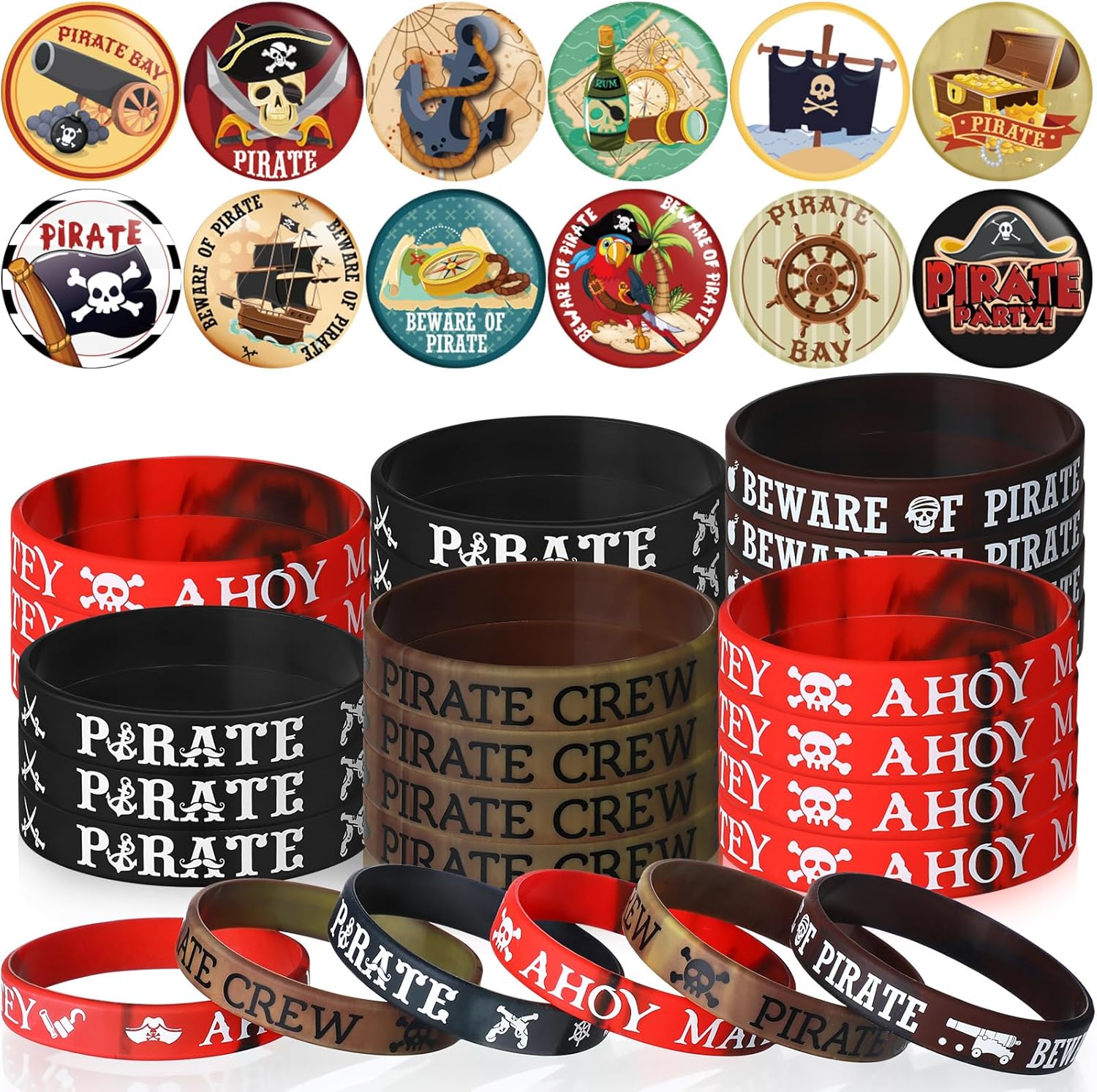Capoda 60 Pcs Pirate Party Decorations Include 30 Pirate Rubber Bracelets and 30 Pirate Button Pins Badges for Birthday Adventure Carnival Pirate Party Favors Supplies Halloween Costume