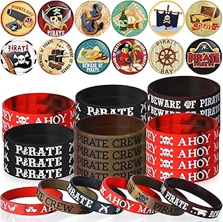 Capoda 60 Pcs Pirate Party Decorations Include 30 Pcs Pirate Rubber Bracelets and 30 Pcs Pirate Button Pins Badges for Kids Birthday Adventure Carnival Pirate Party Favors Supplies Halloween Costume