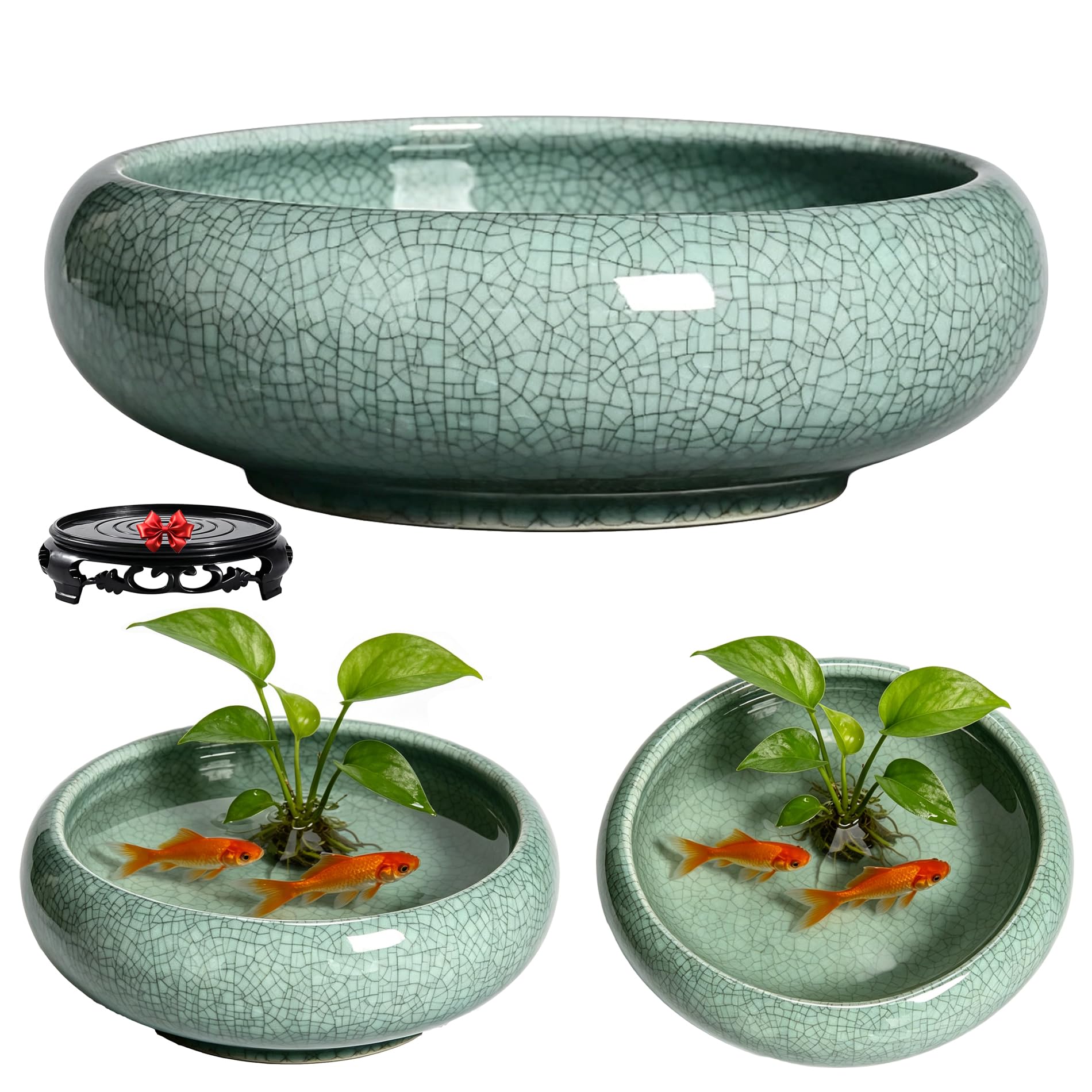 Lotus Bowl Planter, Shallow Hydroponic Decorative Oriental Flower Bowl, Glazed Ceramic Indoor Plant Bowl Lotus Pot for Bonsai, Small Fish Tank for Home Office Desk Decor (E, 15CM)