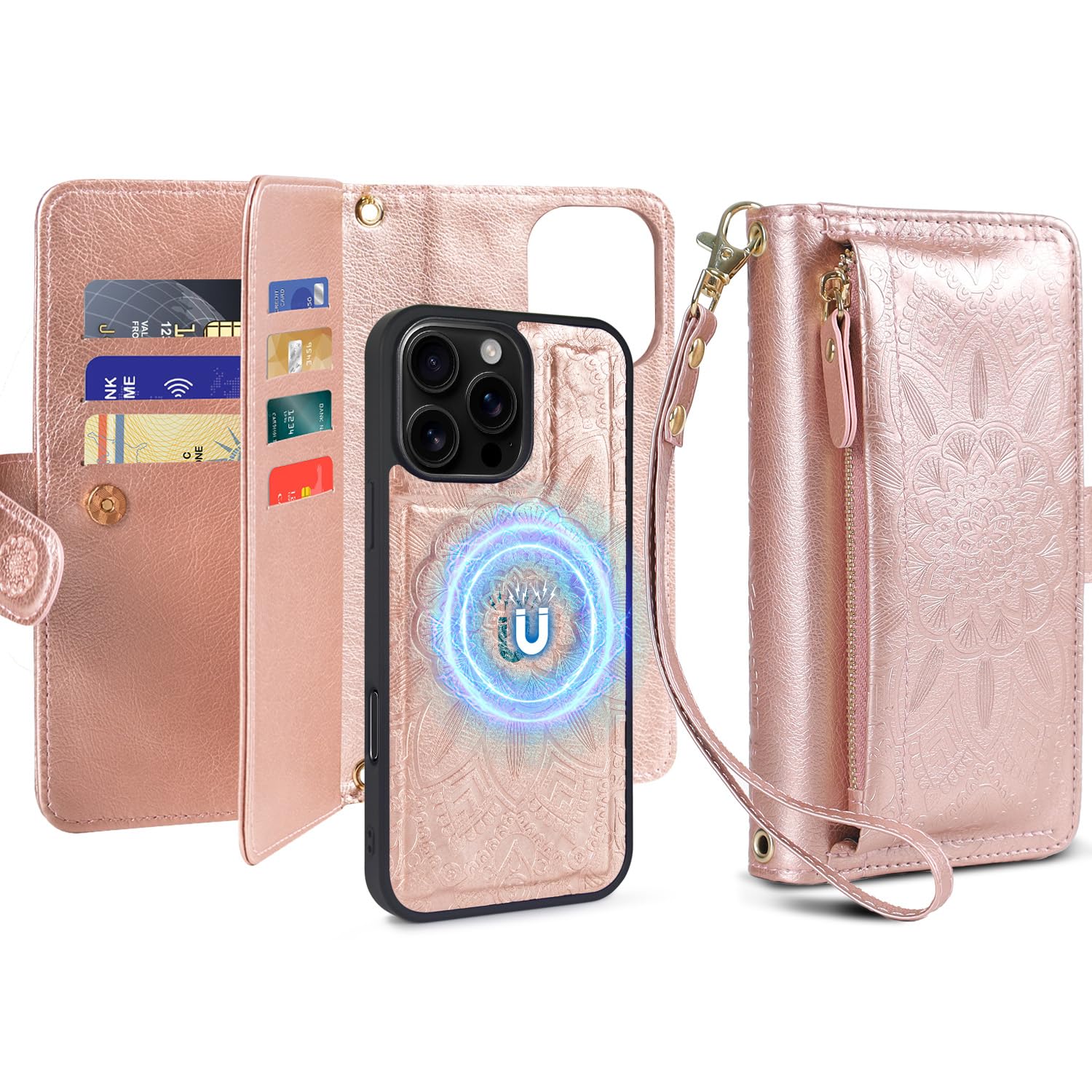 Harryshell for iPhone 16 Pro Max 5G Detachable Magnetic Case Wallet,Compatible with Magsafe Wireless Charging, [ RFID Blocking ] Card Slots, Cash