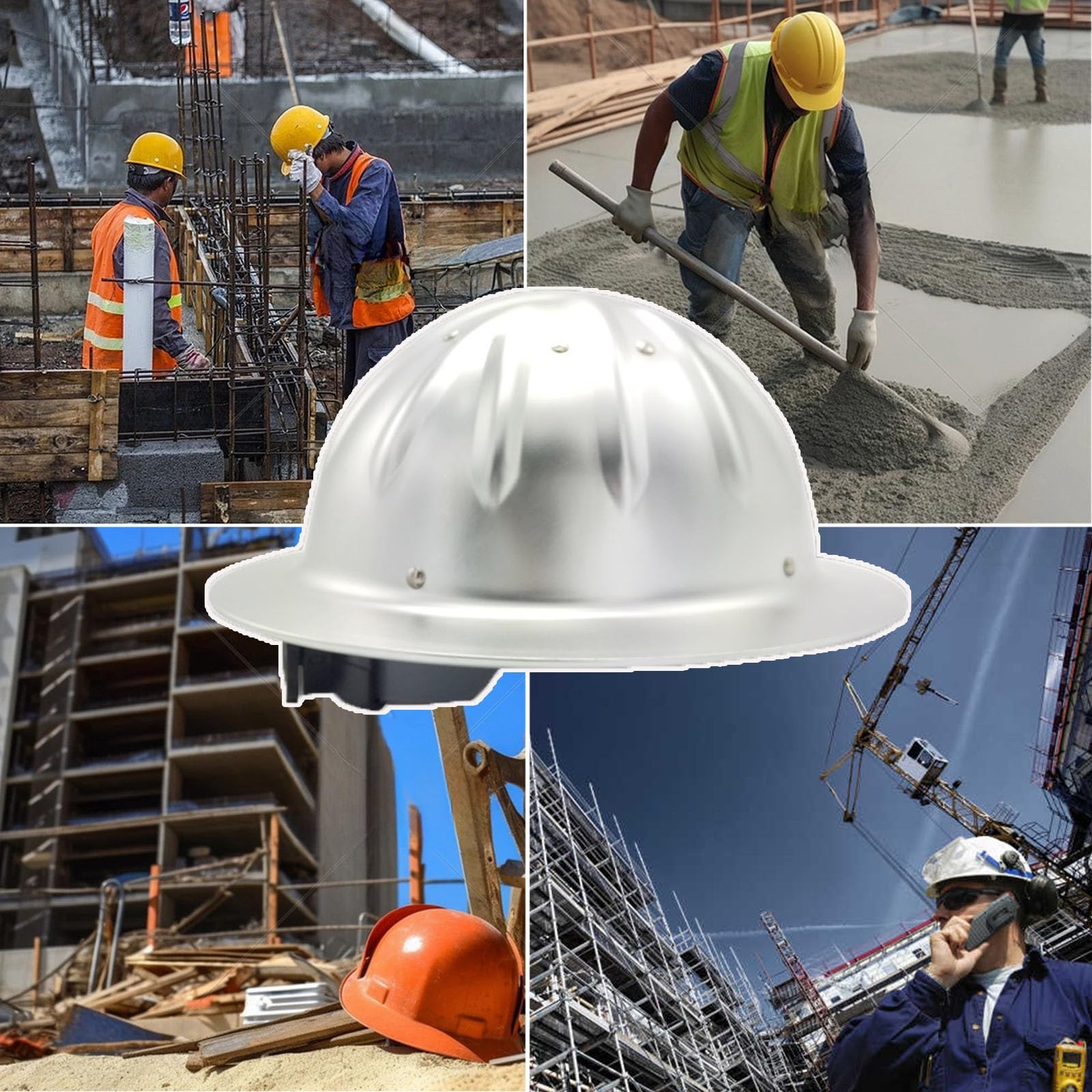 Casco da cantiere ad alta resistenza in lega di alluminio a tesa larga, cappello da lavoro all'aperto, casco in metallo, fodera per il sudore rimovibile regolabile e sottogola con fascia per cappello