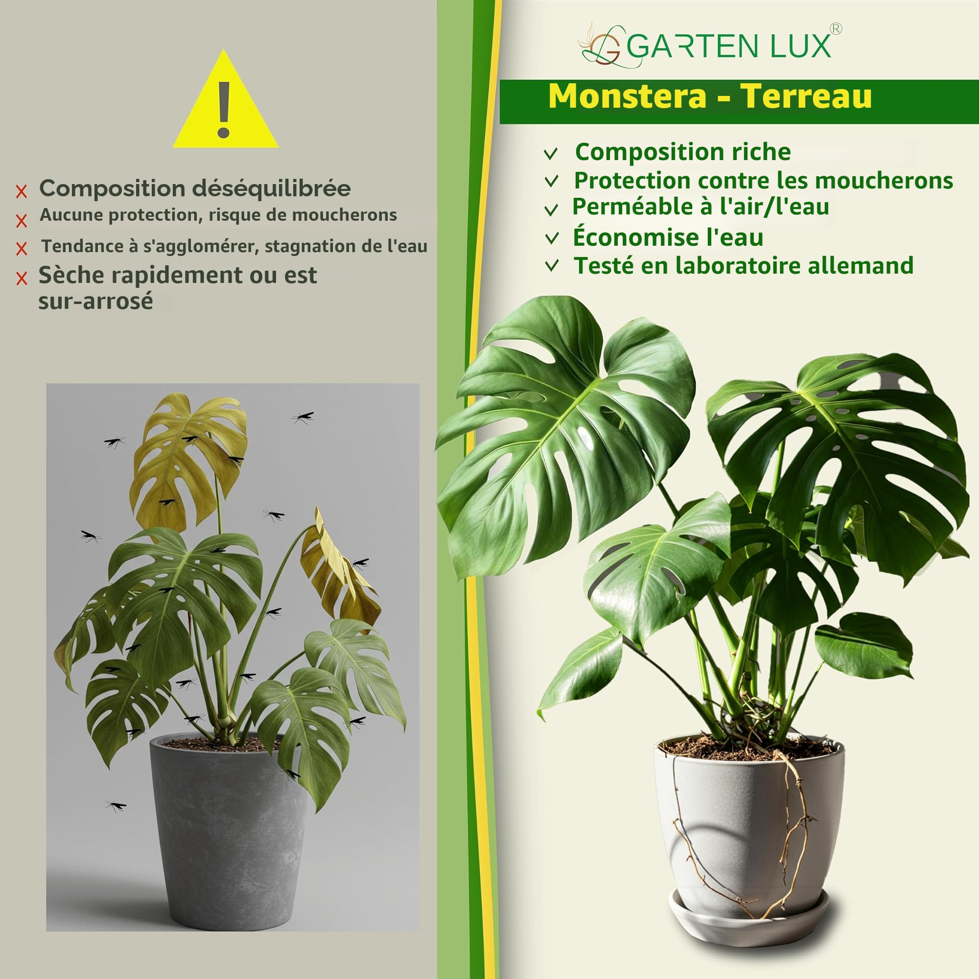 Garten Lux Monstera Terra 4L sans tourbe - 6-en-1 contre les moustiques deuil | substrat aroid | terre de coco, perlite, écorce de pin, biohoumus, charbon de jardin + complexe secret | drainant