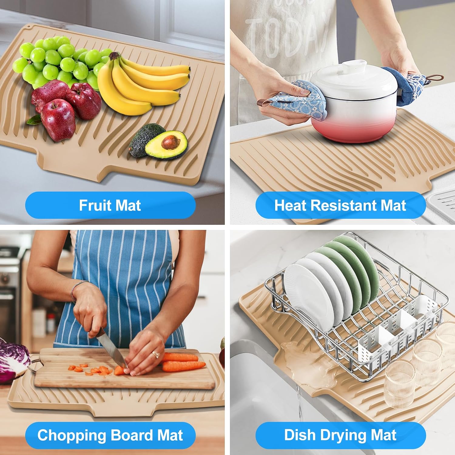 Silicone Dish Drying Mat for Kitchen Countertops and Sinks,19 x13.7 Inch Non Slip Heat Resistant Mat with Built In Drainage System,For Refrigerator and Drawer Liners (beige, 19 x13.7 Inch)