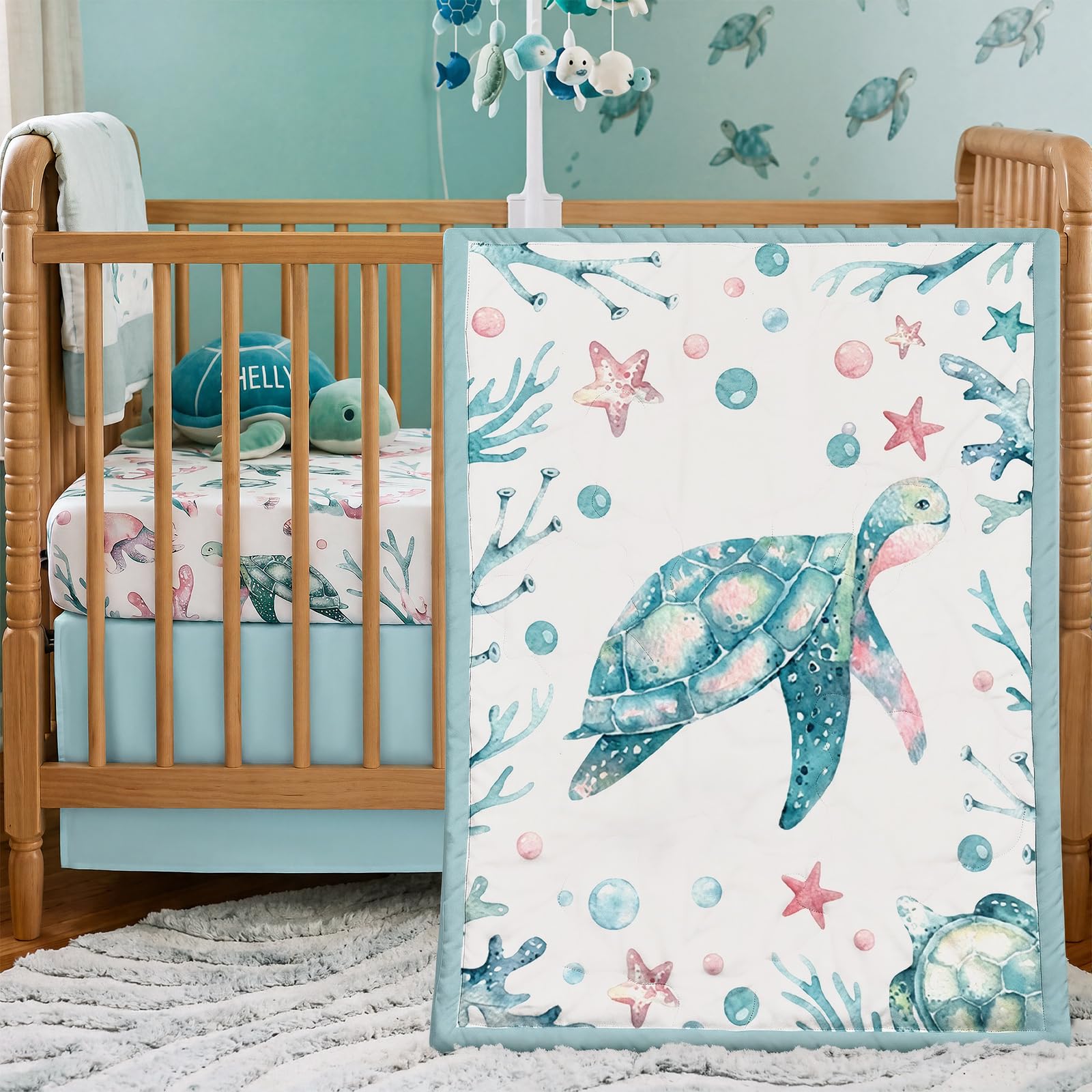 Hahafelt 3 Pcs Teal Pink Aquatic Baby Crib Bedding Set for Baby Boy