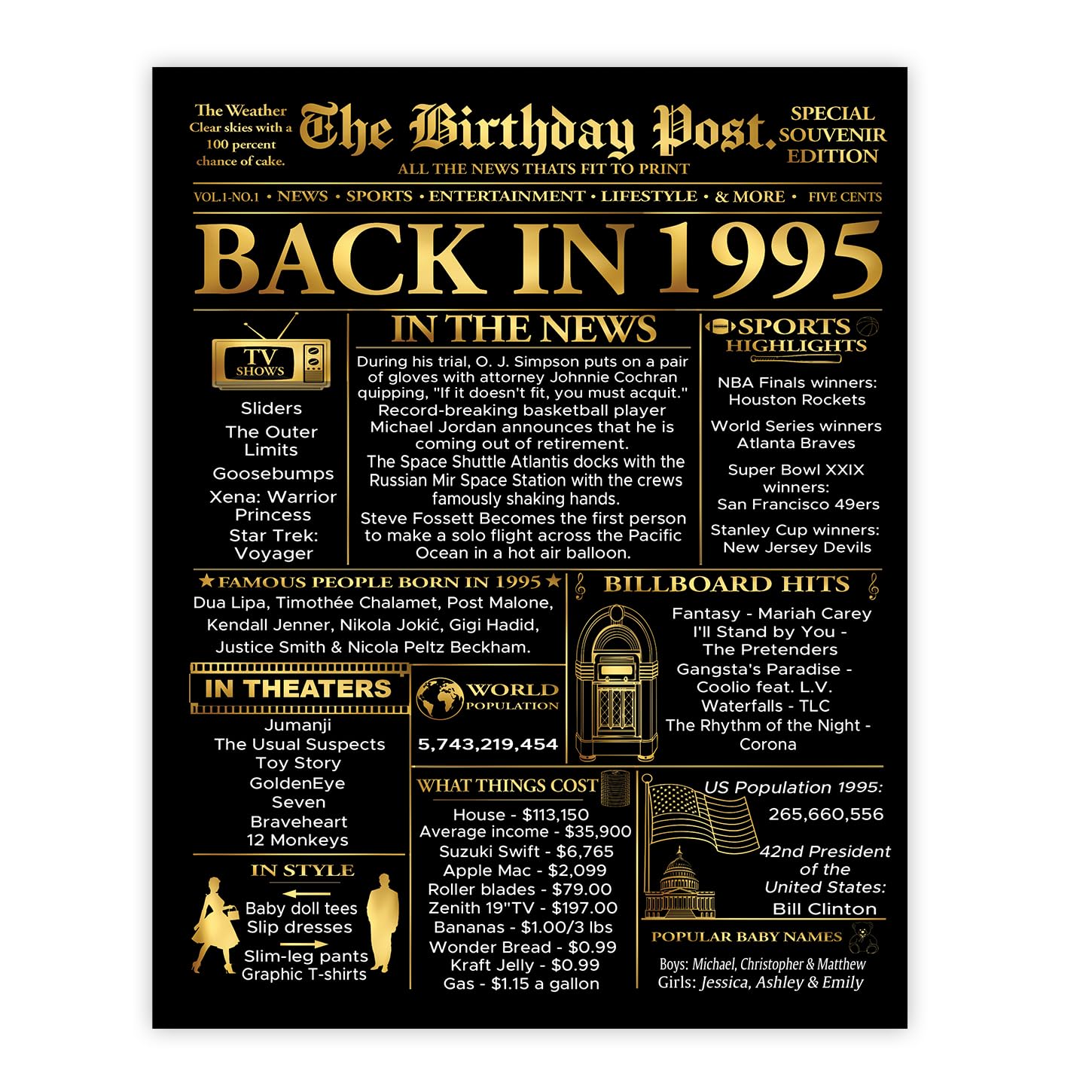 Stuff4 Gold 31st Birthday Poster Unframed - Golden Born In 1995 Newspaper - Happy 31 Birthday for Men Women Retro Vintage Gifts Back In 1995, 8x10 Inch Bday Party Decor Decoration