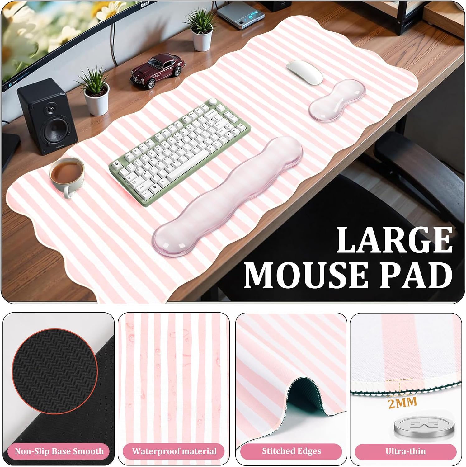 L-SPOUTTO Pink Striped Mouse Pad Set,Scalloped XXL Desk Mat + Ergonomic Mouse Wrist Rest + Gel Keyboard Wrist Rest for Keyboard 65%/75%,3in1 Large Desk Pad for Desktop Home Office Computer Game