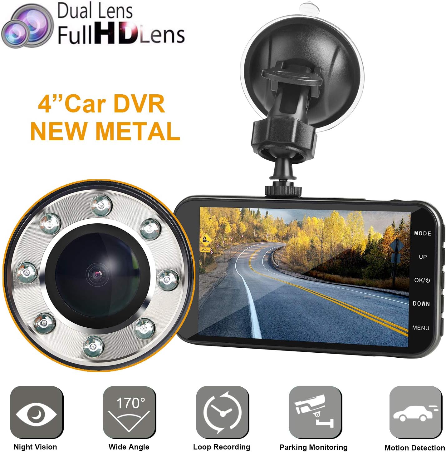 Dual dash car cam, Mi Yang FHD 1080P camera front and rear with night vision,2 channel 310° wide angle lens 4” screen dashboard cam , G-senor, Parking monitor,motion detection.for trucks uber driver