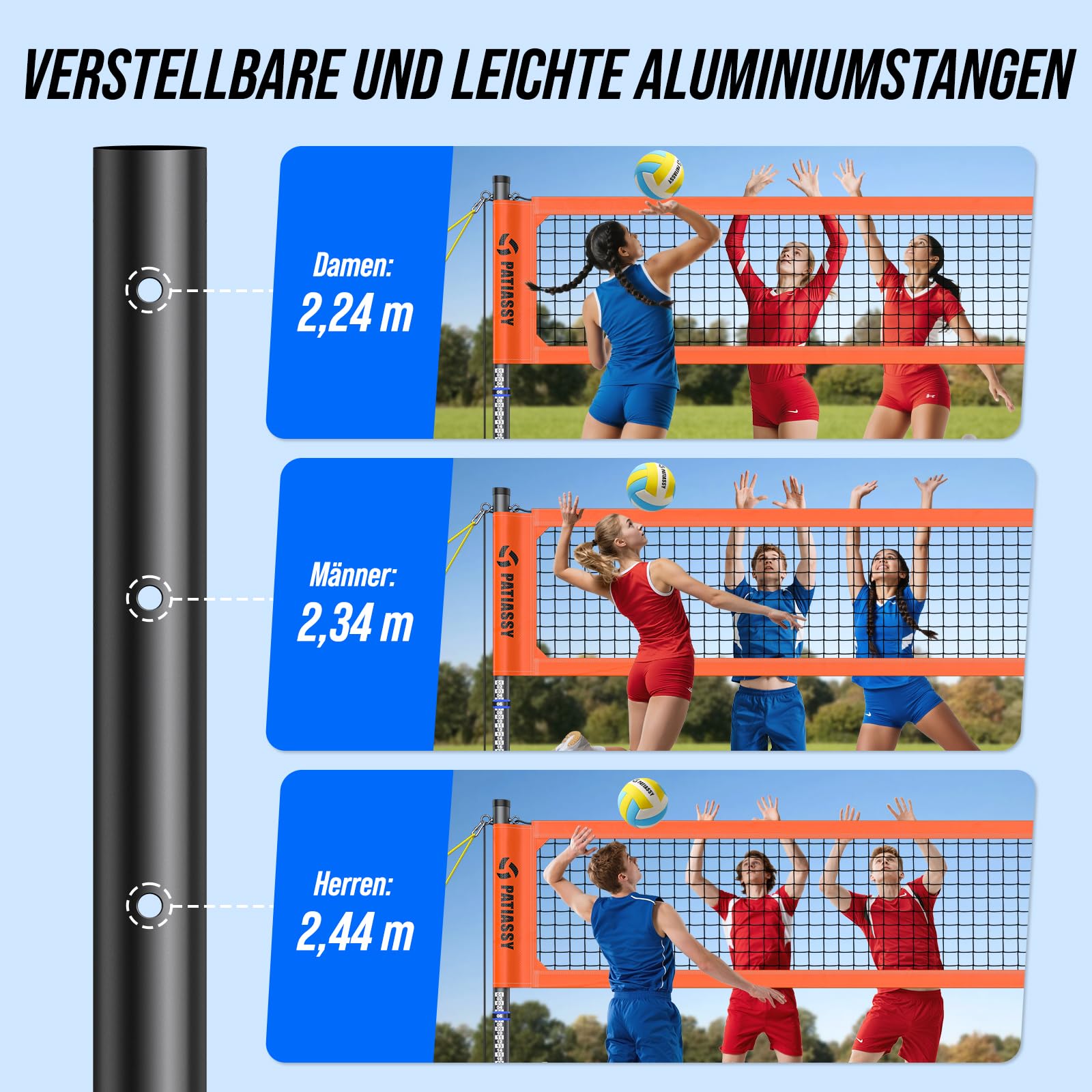 Professionelles Volleyballnetz für den Garten Höhenverstellbar Anti-Rost Beschichtung PU Volleyball 9,75m*1m