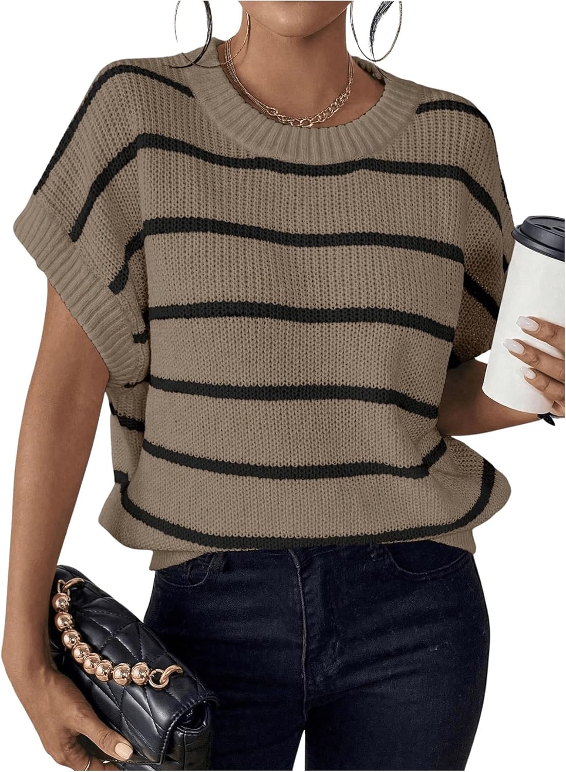 GORGLITTER Women's Striped Short Sleeve Sweater Vest Crew Neck Fashion Trendy 2026 Knit Vest Top Old Money Clothes