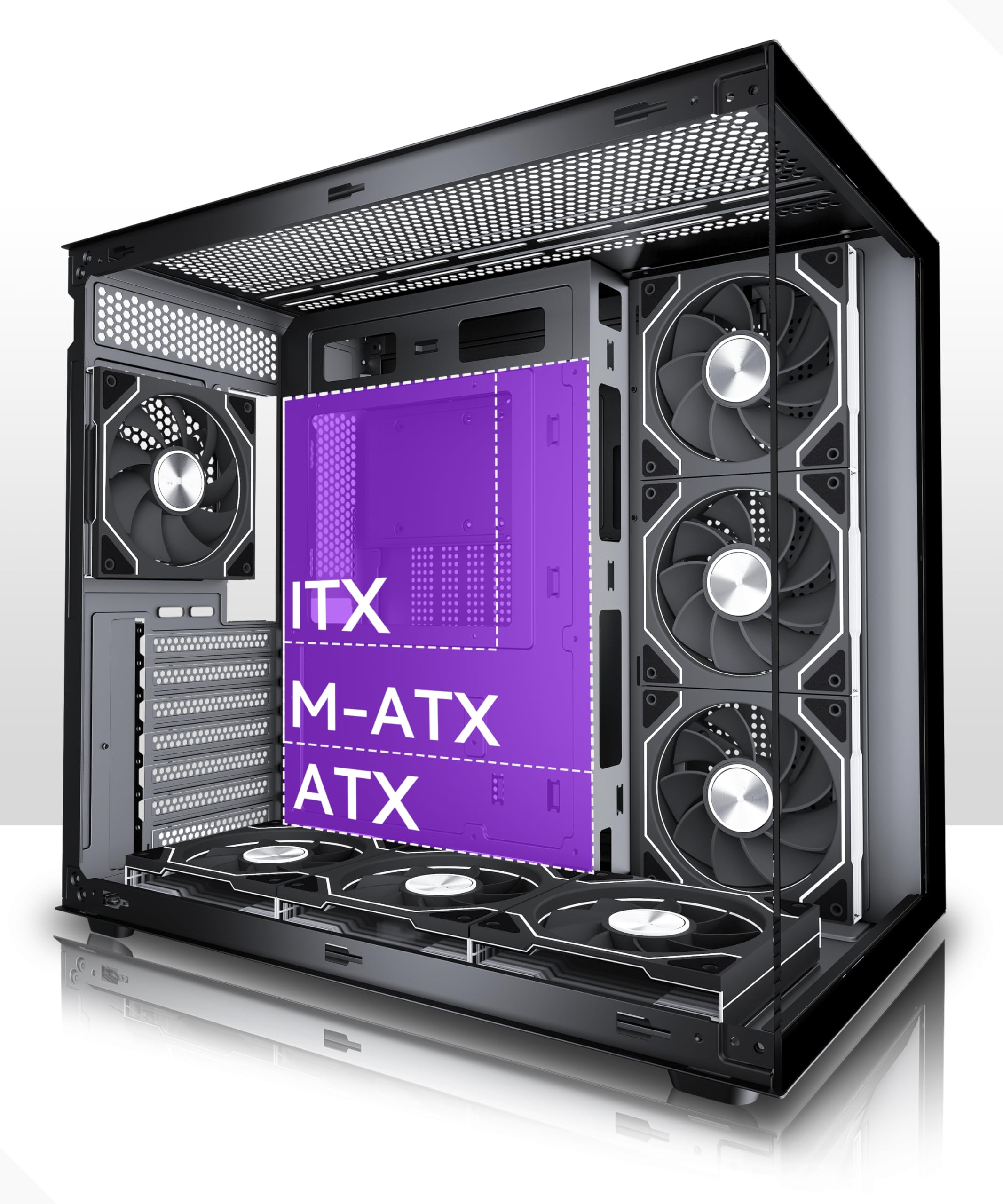 MUSETEX Y6 Boîtier PC, 7 Ventilateurs ARGB PWM Infinity Mirror préinstallés, Vue 270° en Verre Trempé, Connectique Type-C, Boîtier PC Gamer Mid-Tower ATX, Noir