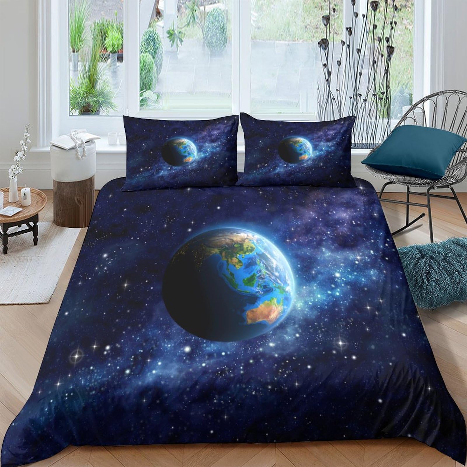 TUFRTGYHN 3D Printed Planet Earth Duvet Cover Microfiber Soft Breathable Galaxy Universe Bedding Set with 2 Pillowcases for Bedroom Decor Single（135x200cm）