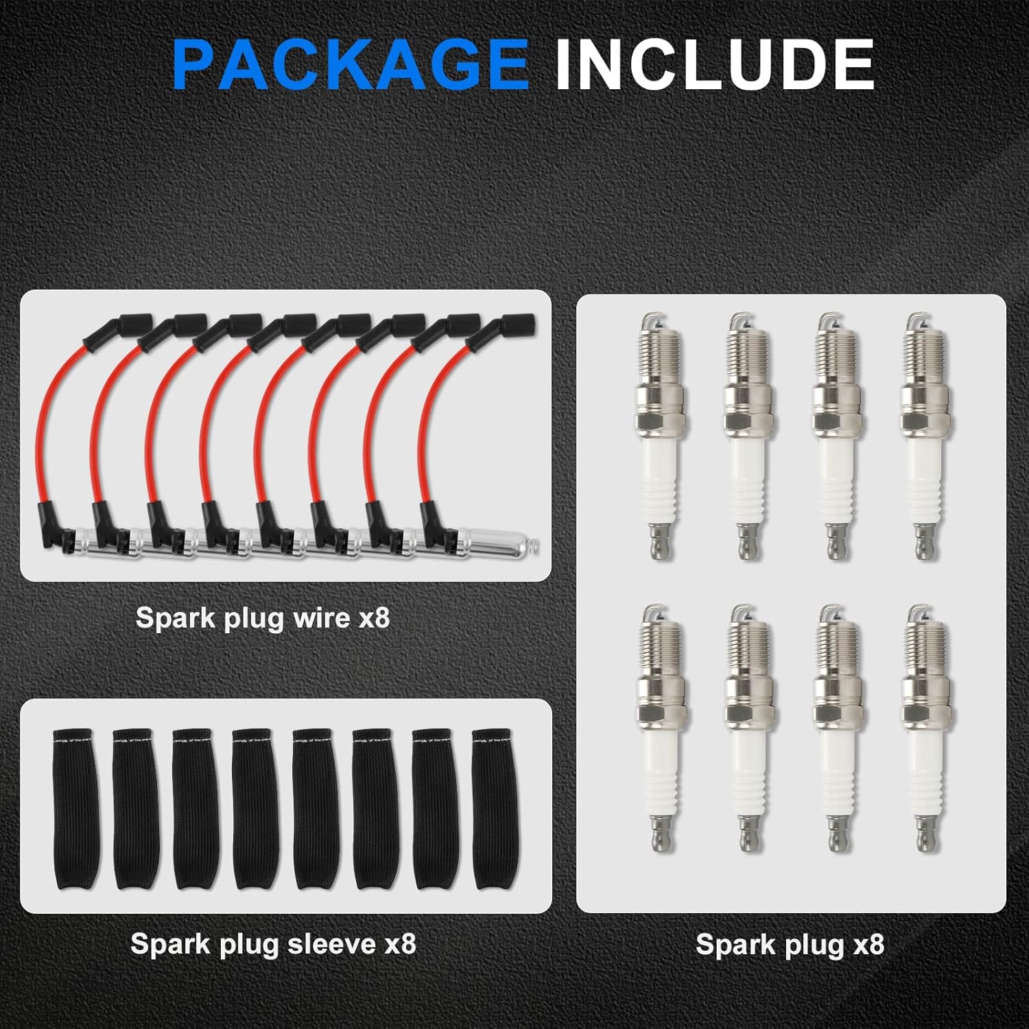 Iridium Spark Plugs 41-110 & Spark Plug Wires M8-48322 & Plug Wire Heat Shield Sleeve Compatible with Chevy Silverado Suburban Express Cadillac Escalade GMC Yukon Sierra 5.3 6.0L 6.2L V8 (Set of 8)