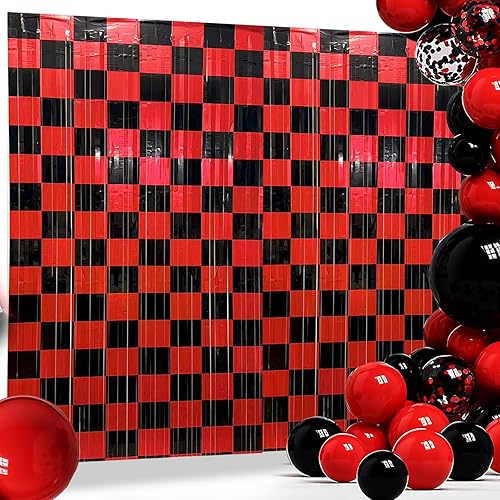 Miniatura 9 de 3 Pack de Telones de Fondo Ajedrez en Blanco y Negro, Decoraciones de Cumpleaños con Flecos Metálicos para Carreras de Coches, Decoración para negro