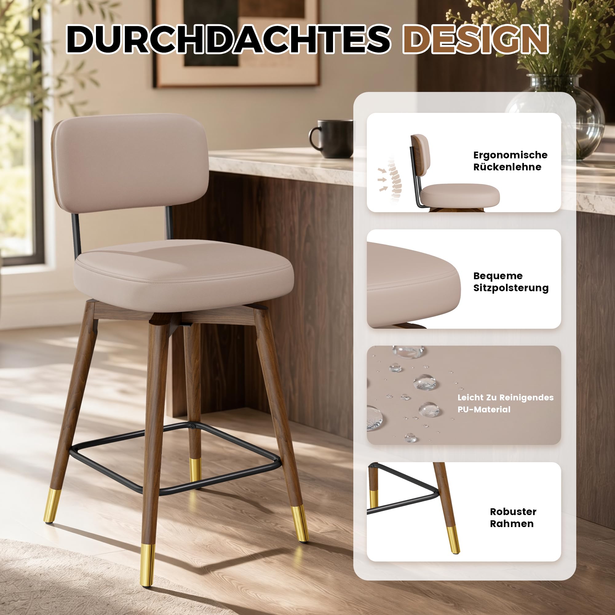 Fijinhom Barhocker 2er Set, 360° Drehbar, Gepolsterte Barhocker mit Lehne aus Kunstleder, Walnuss Rückenlehne & Bugholz Beine, Mid Century Modern Barstuhl für Küche, Insel & Theke, Khaki