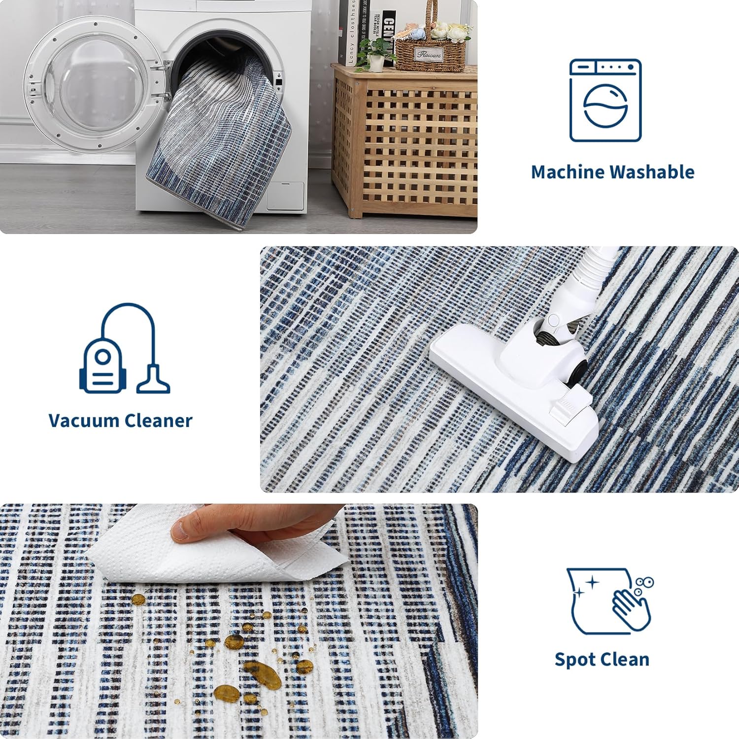 Garvee Washable Runner Rug, 2x6 Non Slip Modern Hallway Rug Runner, Stain Resistant Low Pile Faux Wool Contemporary Throw Carpet Runner for Bedroom, Kitchen, Laundry, Entrance, Blue