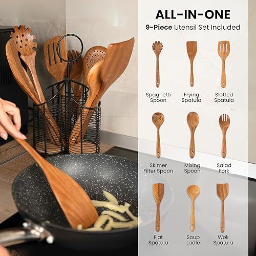 Miniatura 3 de Soporte giratorio para utensilios de cocina de 360, organizador de 3 compartimentos con fondo de corcho, incluye juego de utensilios de madera de