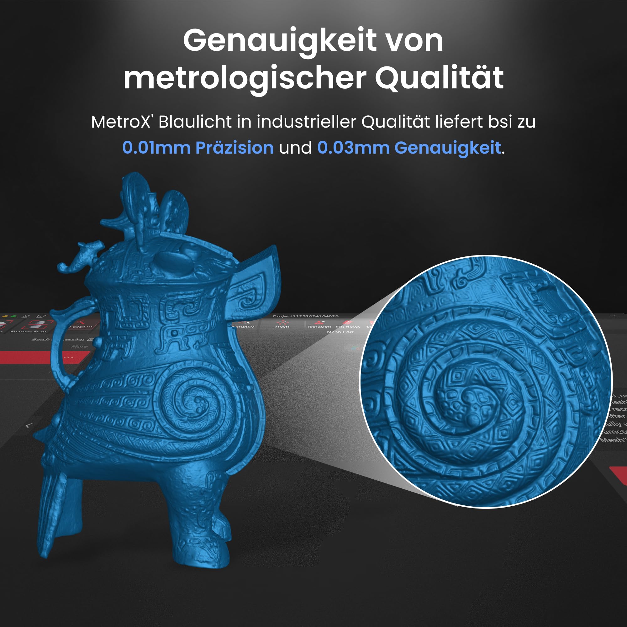 Revopoint MetroX 3D Scanner für 3D-Druck, bis zu 0,01mm Präzision, Genauigkeit Metrologischer Qualität, Blaulaser, Bis zu 60 fps, 4 Scan Modi, Scannen metallischer/dunkler Objekte, Standard