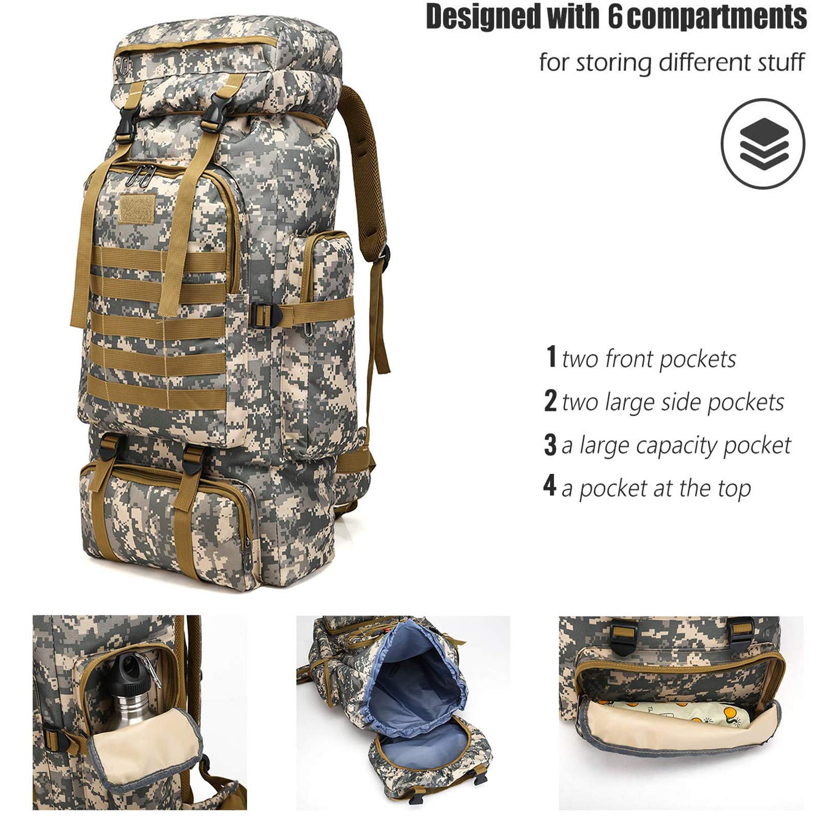 Wodoodporny plecak alpinistyczny 80 l, wielofunkcyjny plecak taktyczny do wspinaczki, wędrówek, biwakowania, Molle Design do sportów na świeżym powietrzu, Miejski kamuflaż