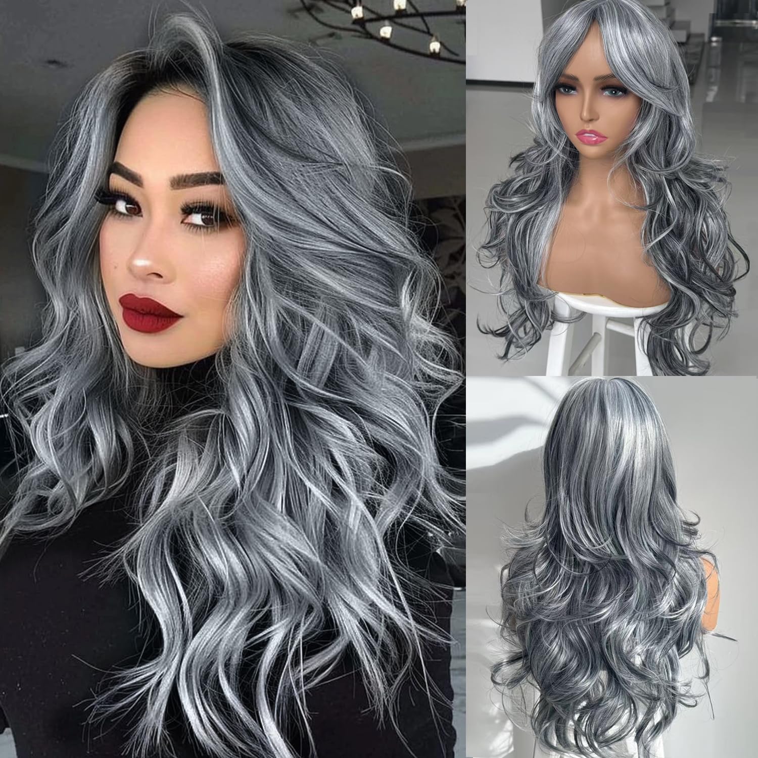 Silver Gray Wigs for Women Long Layered Ombre Gray Highlight Wig Synthetic Light Gray with Curtain Bangs for Black White Women Long Ombre Gray Natural Body Wave Middle Part 24Inch Silver Gray 24 Inch