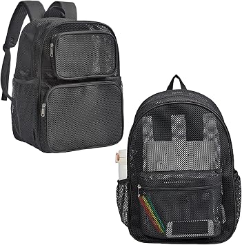 COVAX Mesh Backpack for School Heavy Duty See Through Net Bookbag Girls Boys Semi-Transparent Net Back Pack for Beach, Swimming, Sports, Work, Travel Black
