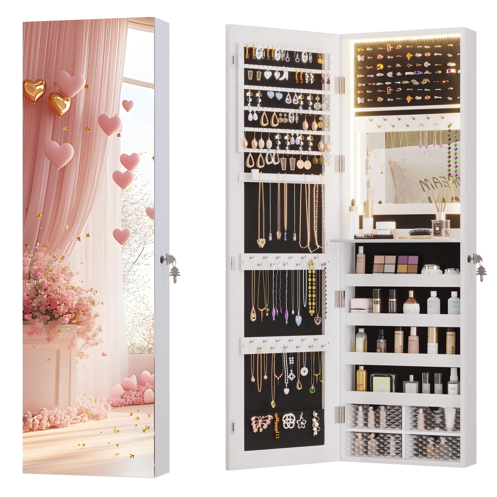 Vlsrka 47.2" LED Jewelry Mirror Cabinet, Wall/Door Mounted Jewelry Armoire Organizer with Full Length Mirror, Large Storage Hanging Cabinet, 4 Drawers, 5 Shelves (White)