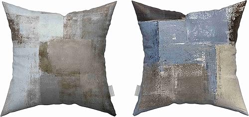 Miniatura 4 de Juego de 4 fundas de almohada de lino azul y beige, gris y marrón, arte abstracto, fundas de almohada decorativas para decoración del hogar, fundas