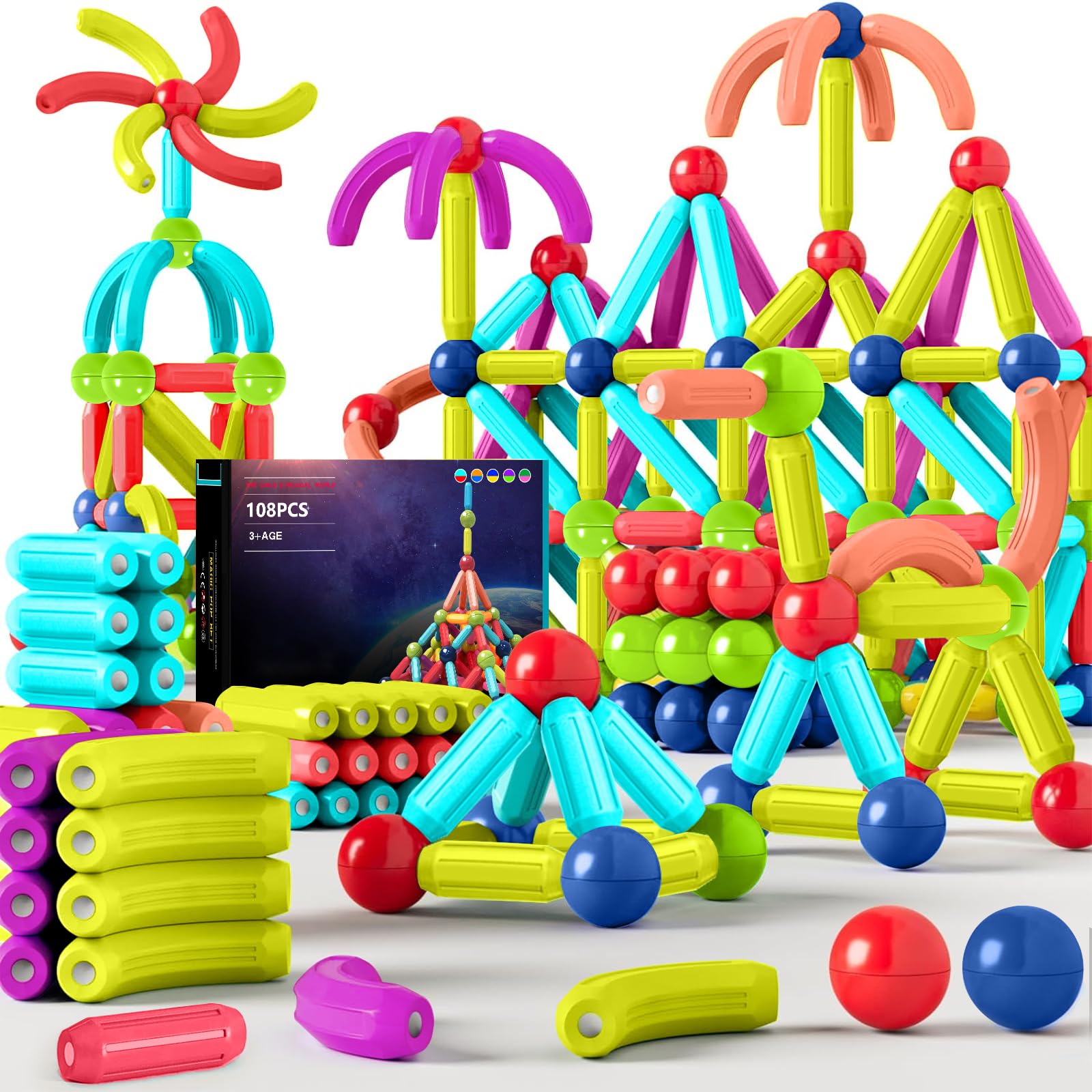 JUQG 158Pcs Juguetes de Bloques de Construcción Magnéticos, 3D Juguetes Educativos de Bloques de Construcción, Juguetes de Construcción Magnéticos para Niños y Niñas de 3 4 5 6 7 8 años (158Pcs) — view 10