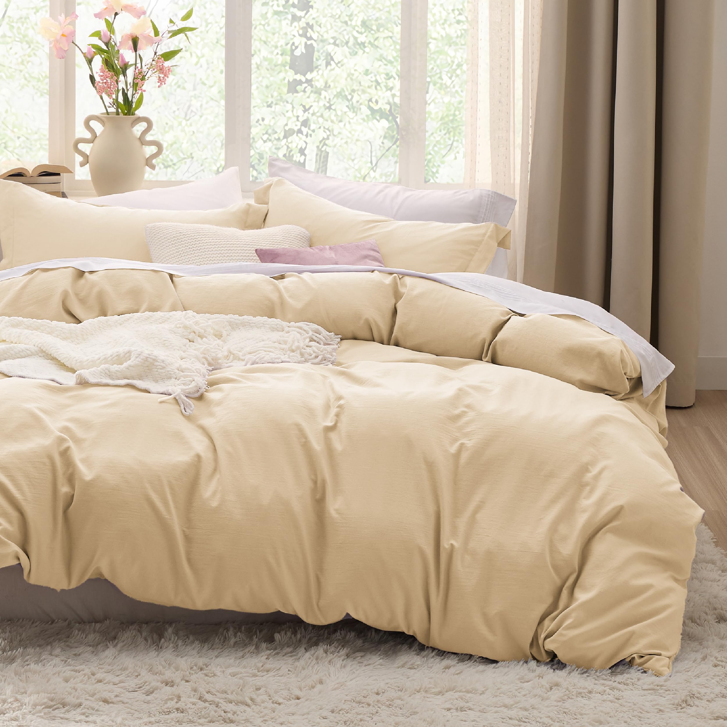 Bedsure Alabaster Gleam Duvet Cover Queen Size - 3 Pieces Prewashed Cotton-Like Polyester Extra Soft Bedding Set, Includes 1 Duvet Cover 90x90 Inches with Zipper Closure & 2 Pillow Shams, No Comforter
