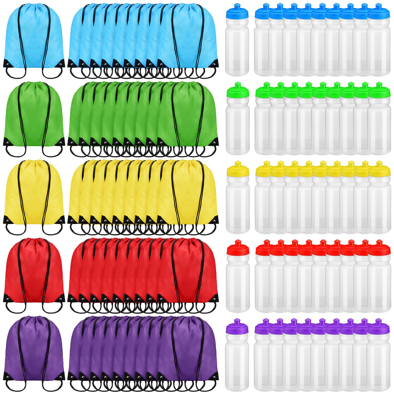 Mifoci 20 oz Plastic Water Bottles Bulk and Drawstring Backpack Set Reusable Sport Water Bottles Lightweight Clear Water Bottle Cinch Gym Drawstring