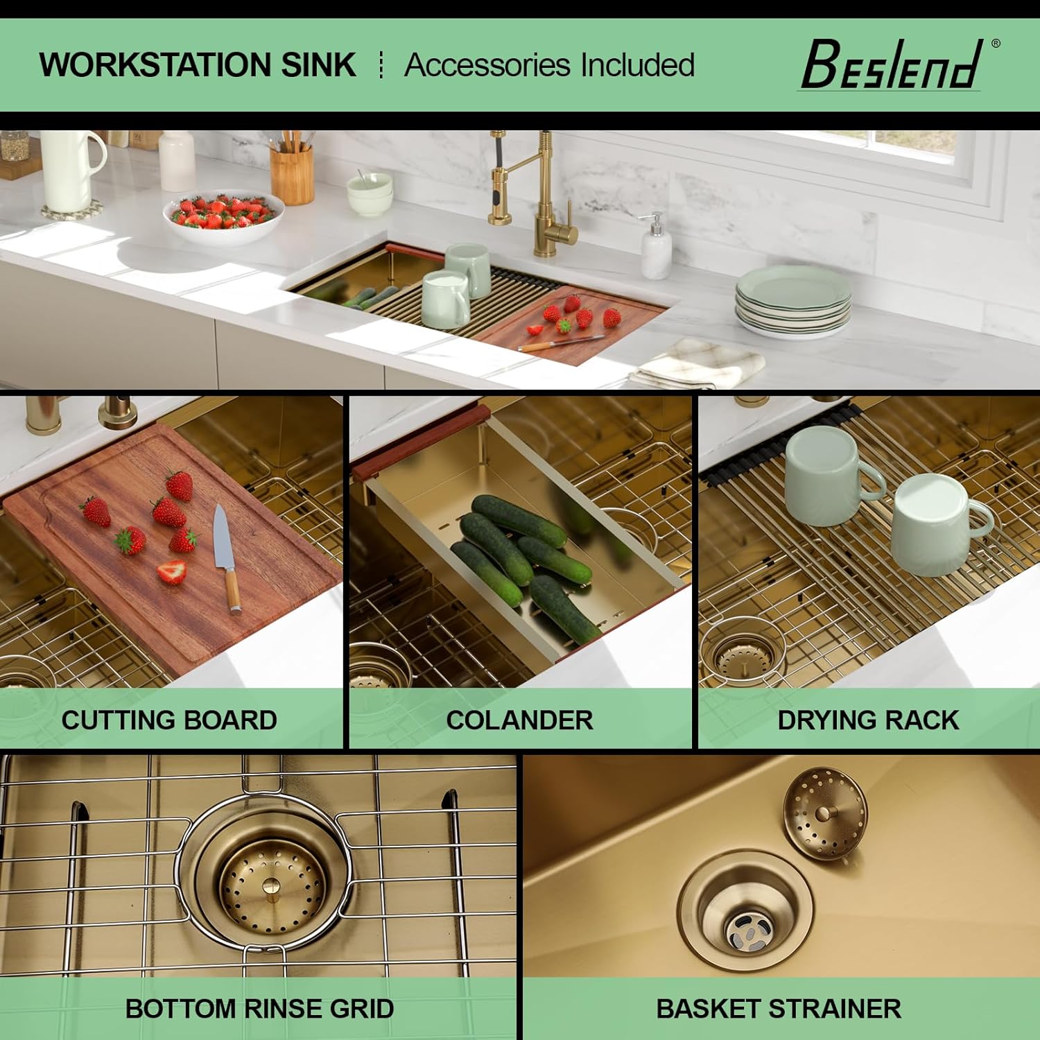 33 Gold Undermount Kitchen Sink - Beslend 33x19 Gold Double Bowl Kitchen Sinks Workstation 16 Gauge Stainless Steel Golden Sink Low Divide Double Basin 60/40