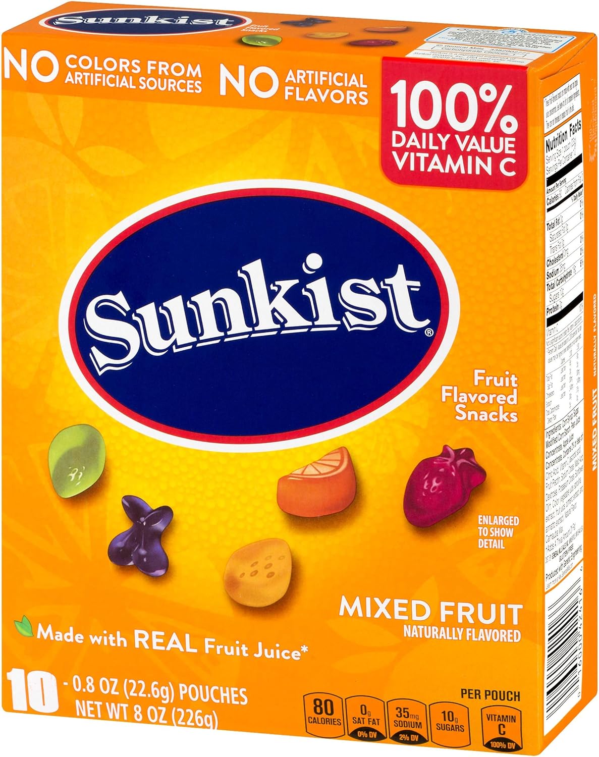 Sunkist Fruit Snacks, Mixed Fruit Gluten Free Snacks, 10 Pouches, 0.8