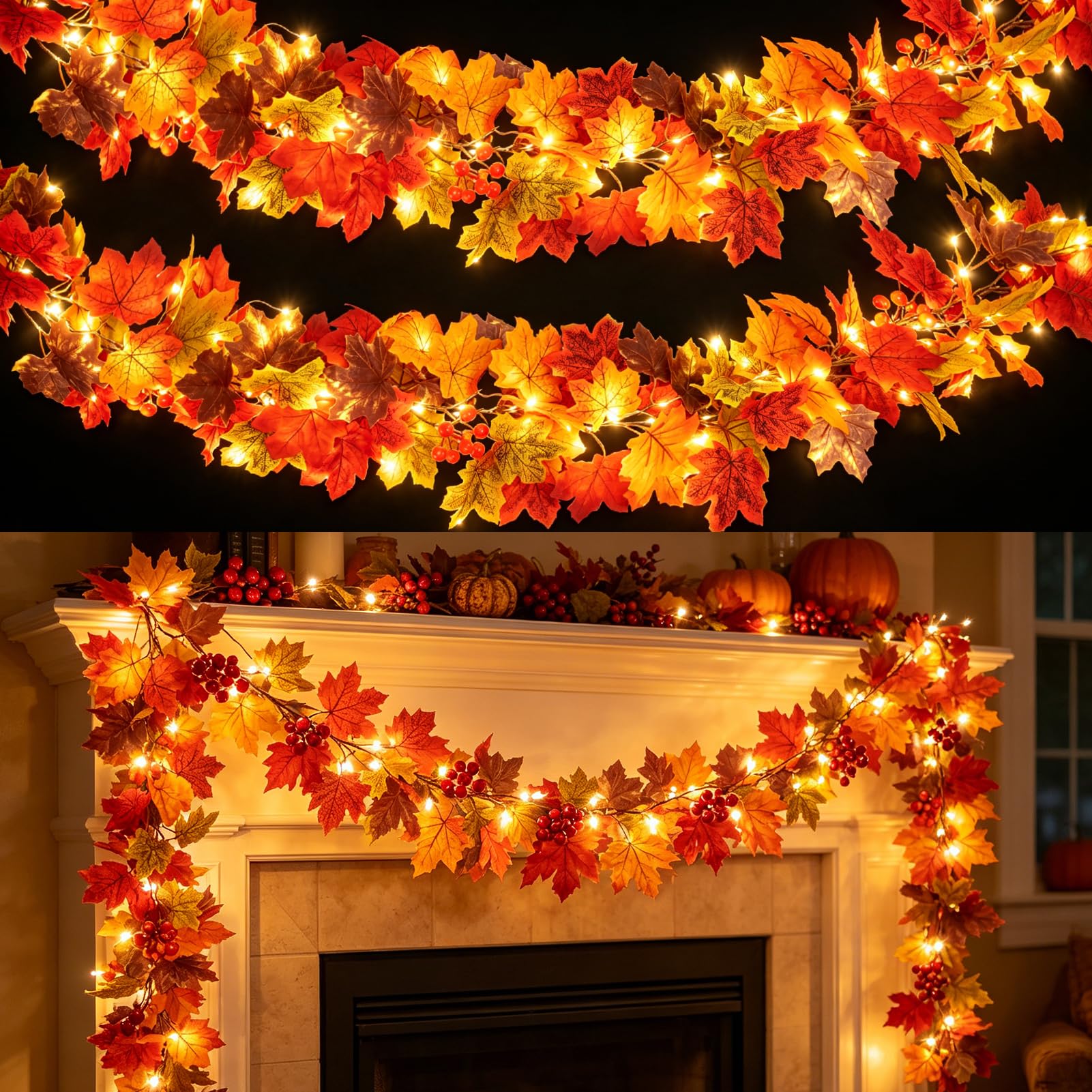 Paquete de 2 guirnaldas de otoño con luces en total de 12 pies con