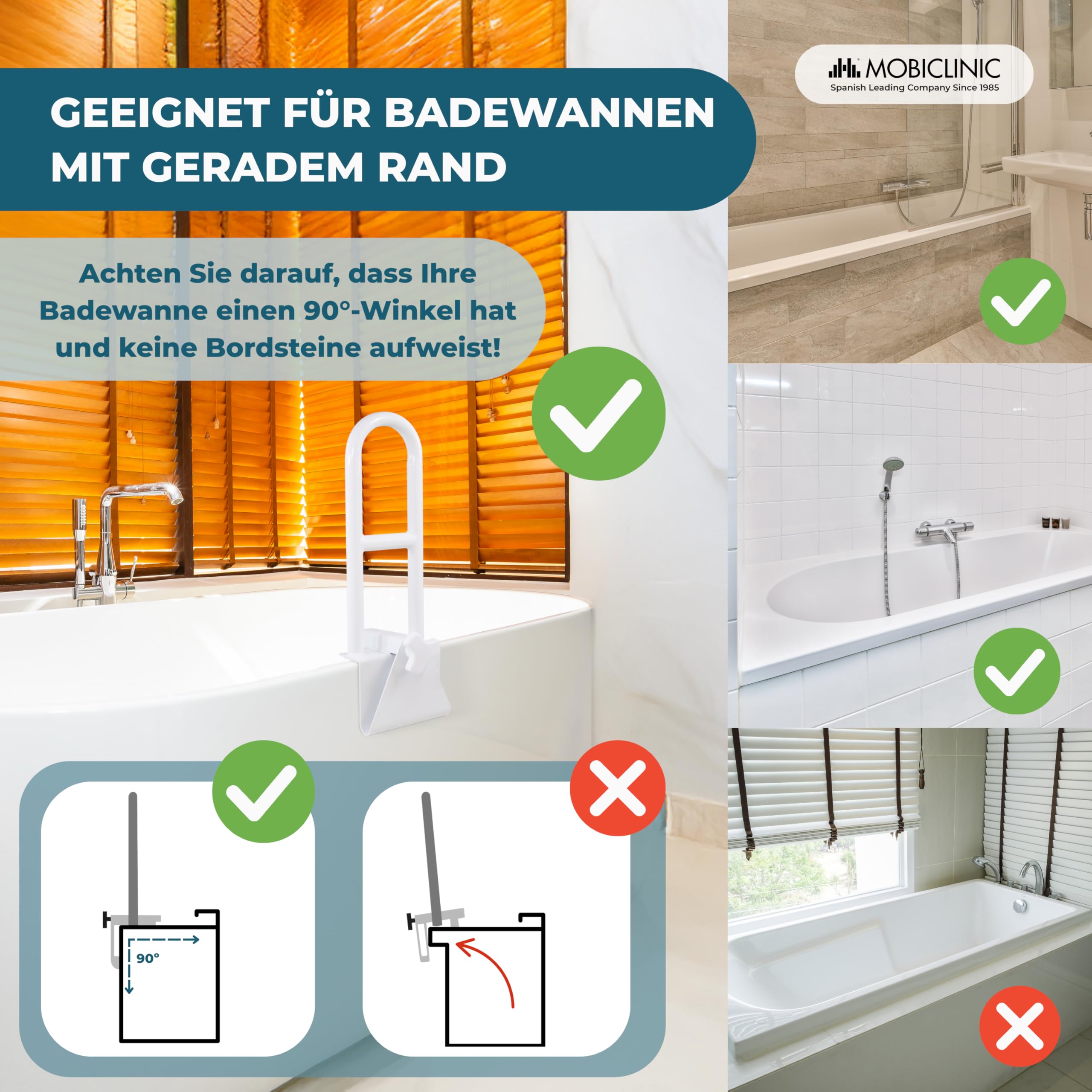 Mobiclinic, Einstiegshilfe Badewanne Senioren, Mit glatten Kanten (4,5 – 13,5 cm), ergonomischer Griff, max. 100 kg, klinische und häusliche Nutzung, sicher und funktional, Mobibary