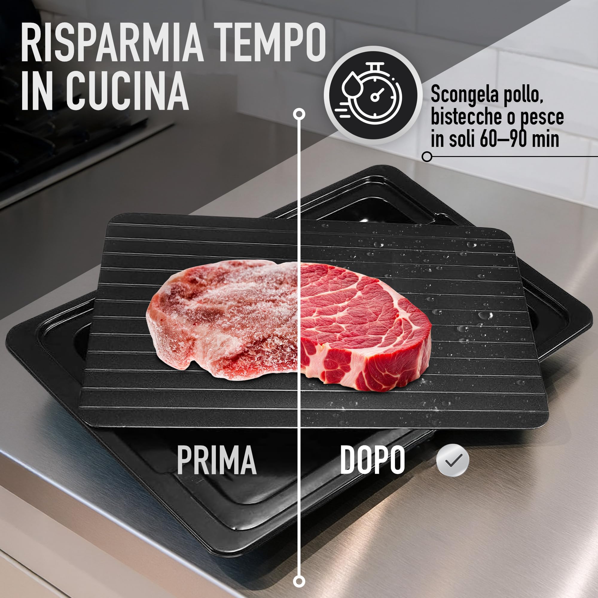Tavola Sbrinamento Rapido Cibo - Vassoio in Alluminio 35,5 x 20,5 x 0,2 cm con Accessori Spazzola Silicone e Pennello - Piastra per Carne + Pesce + Pollo - Cucina Igienica Riutilizzabile | 3-Stars