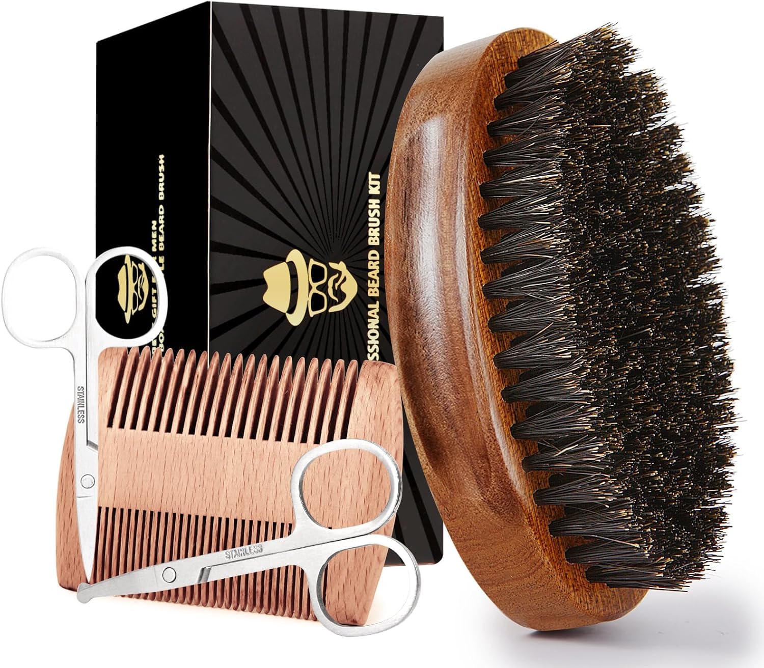 Sosoon Beard Brush for Men, 100% Pure Boar Bristle Beard Brush, Beard Grooming Set Including Beard Comb, 2 Pcs Mustache Scissors, and Travel Bag Oval