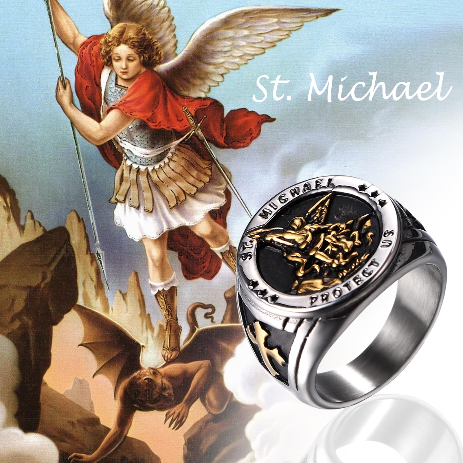 OIDEA Anillo San Miguel Hombre: Juego de Anillos Sello de San Cristóbal de Acero Inoxidable Ángel de la Guarda Joyas Amuleto Religiosas Tallas 17 a 30 - Para Rezar Uso Diario Regalo