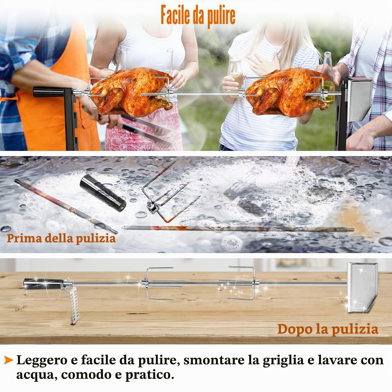 UISEBRT Girarrosto Elettrico per Barbecue 107 cm - Spiedo per Girarrosto in Acciaio Inox con motore 220-240V, inclusi 2X aghi carne