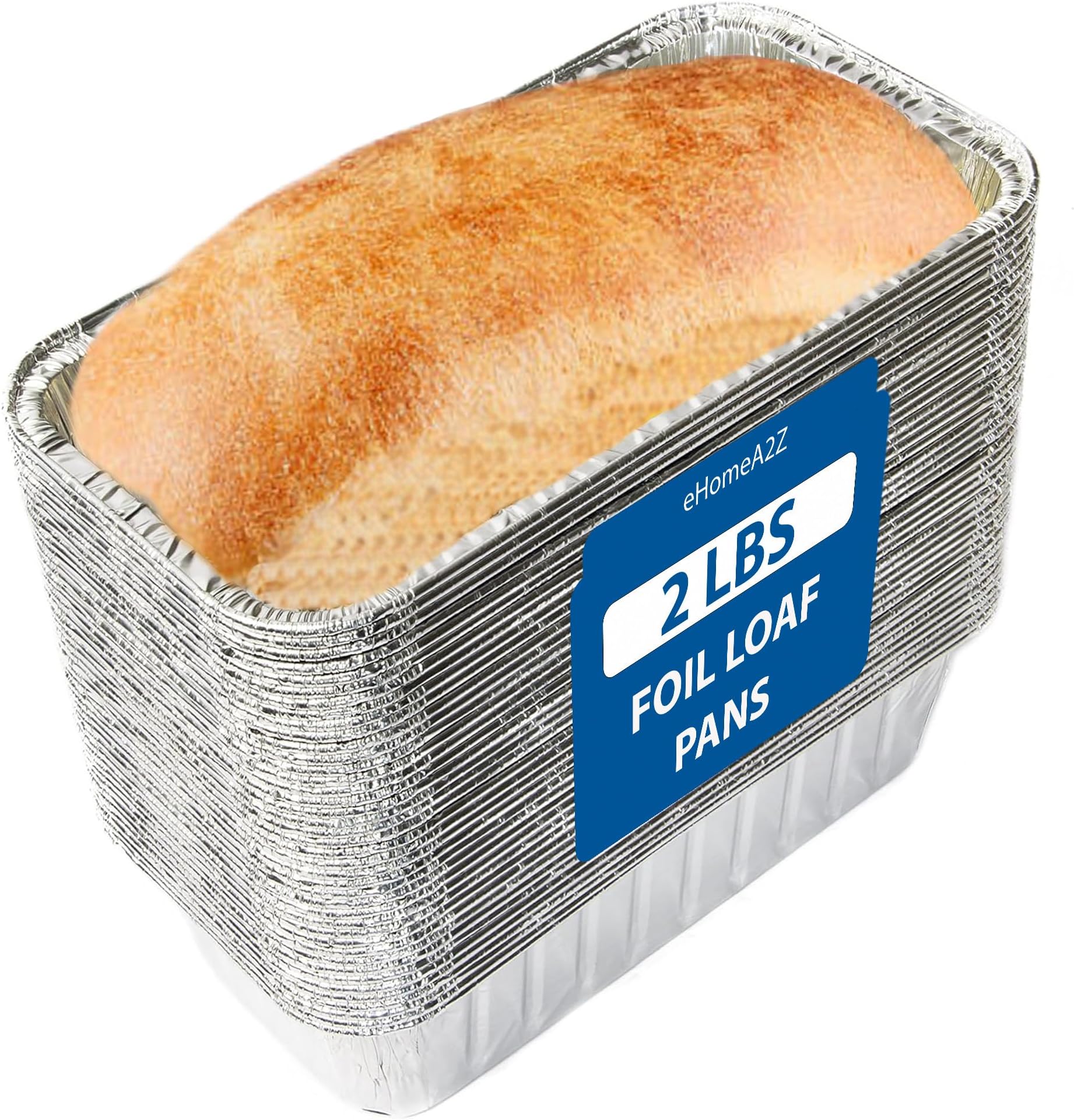 EHOMEA2Z Disposable Aluminum Loaf Pans 2lb for Baking, Serving and Storing - Heat Resistant Disposable Bread Loaf Pan Ideal for Hot/Cold Foods, Freezer & Oven Safe (50 Pack)