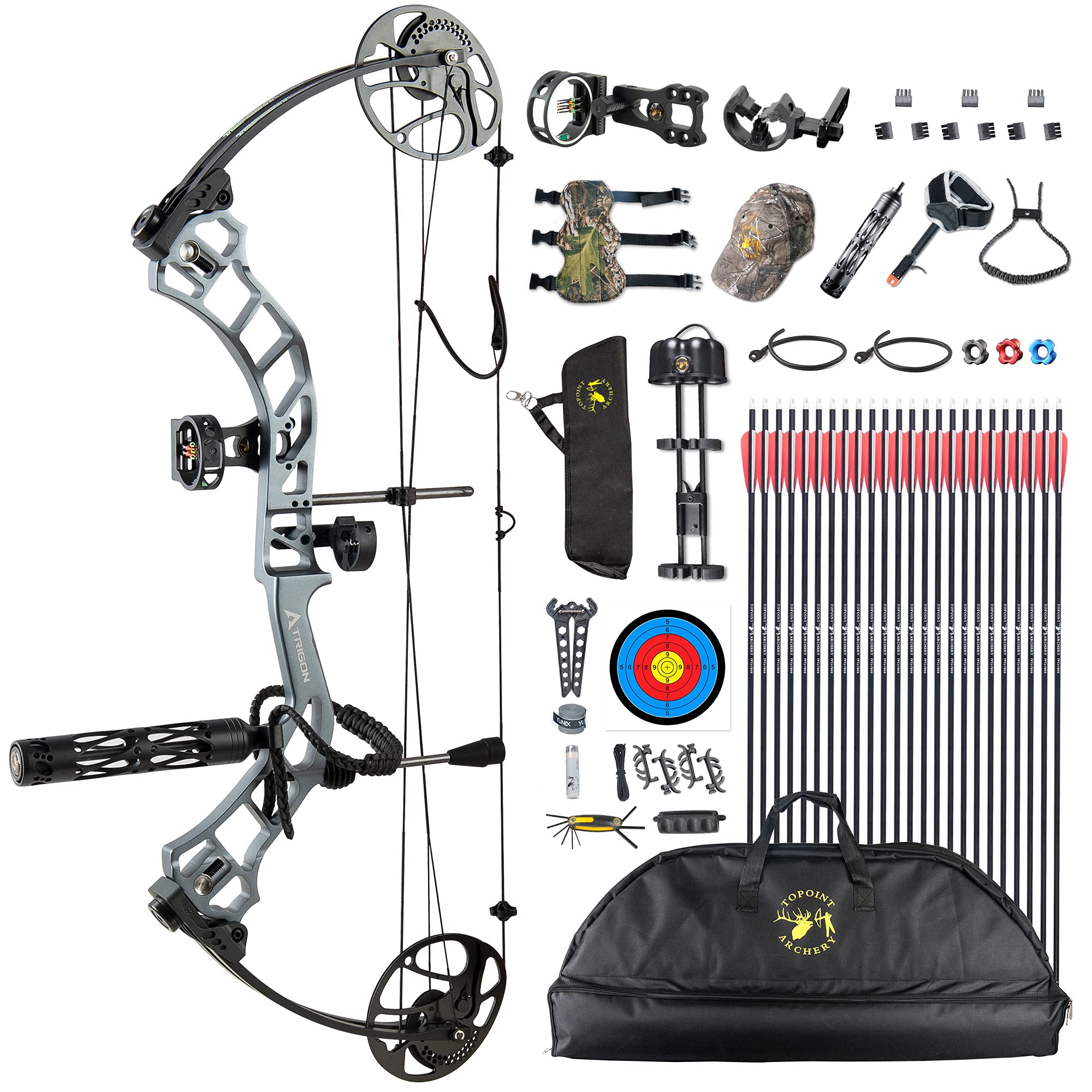 Topoint Trigon Compound Bow Full Package,CNC Milling Riser,USA Gordon Composites Limb,BCY String,19"-30" Draw Length,19-70Lbs Draw Weight,IBO 320fps