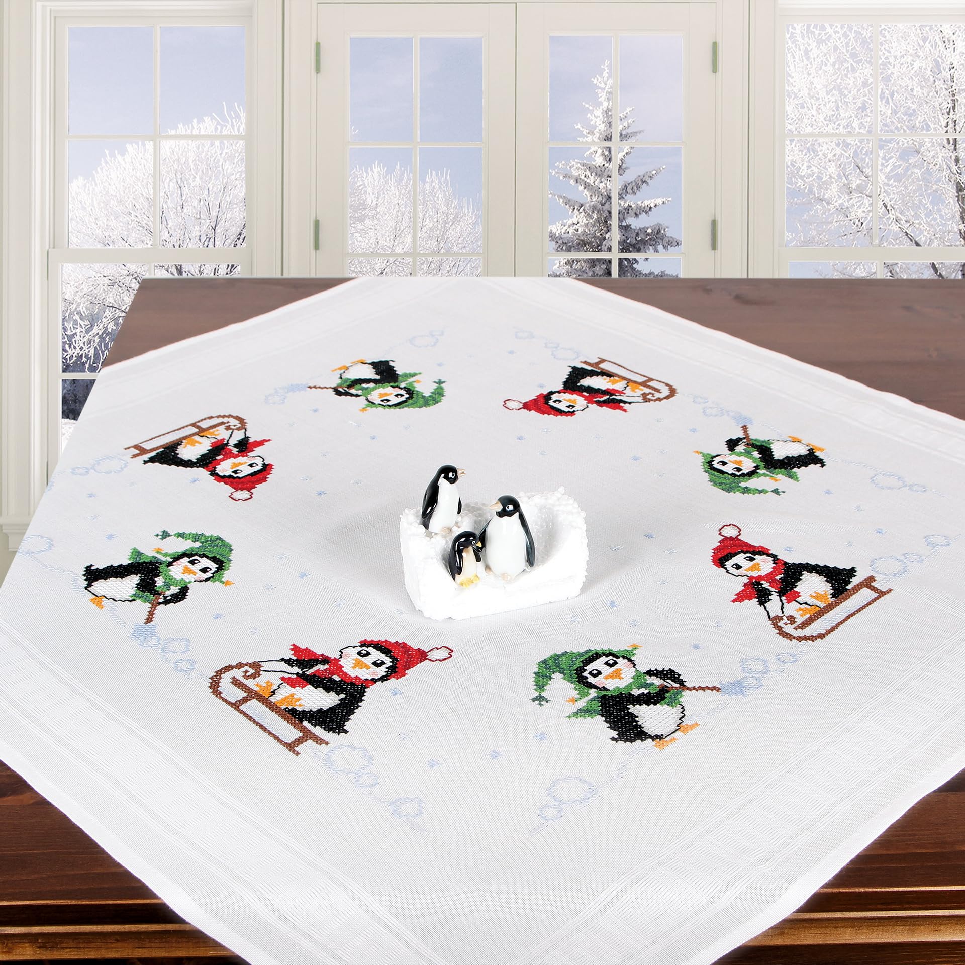 KAMACA Embroidery Kit - Tablecloth Cross Stitch Pre-Drawn Complete Embroidery Template - Adults (Penguins in Winter, MD 80 x 80 cm)