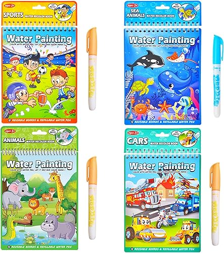 LEFIMOT Paquete de 4 libros para colorear al agua para niños pequeños, libros reutilizables de pintura con agua para niños de 3 a 5 años, juguetes