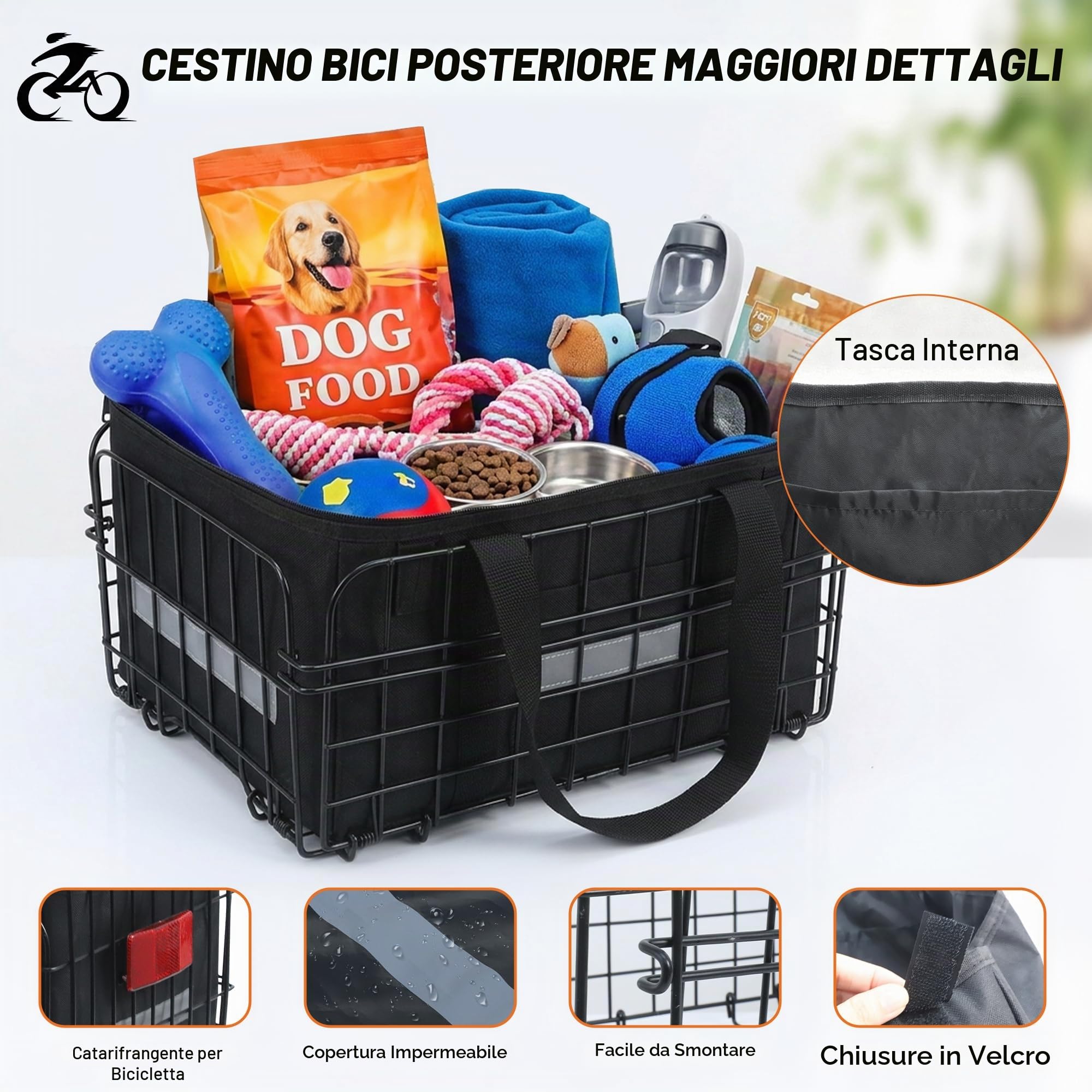 Wdmiya Cestino posteriore per bicicletta, cestino pieghevole per bicicletta con rete per bagagli, fodera portatile e copertura impermeabile per il pendolarismo, lo shopping o i viaggi brevi
