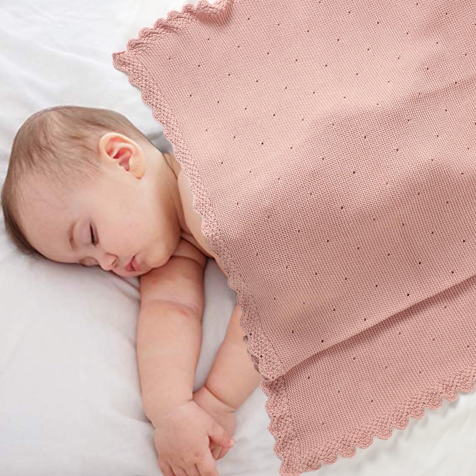 DovFanny Cellular Baby Blanket Cotton Knitted Soft Crochet Blankets for Newborn Boy Girls Toddler (pink), 100*80 - Image 3