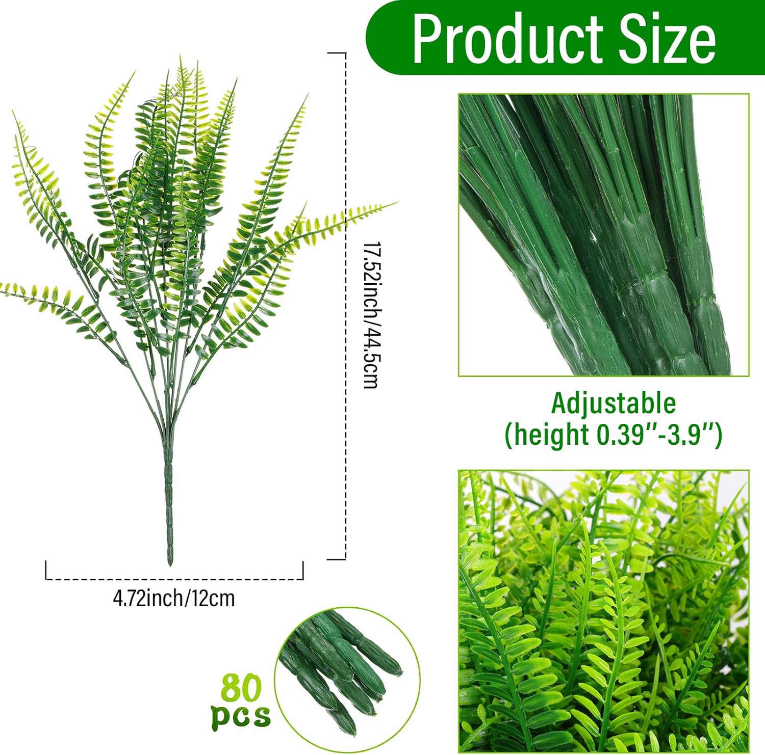 Geosar 80 Pack 17.52'' Artificial Boston Fern Plants Bushes Plastic No Fade Fake Plants Shrubs Greenery UV Resistant Faux Boston Decorating for Patio Porch Garden Window Outdoor Decor