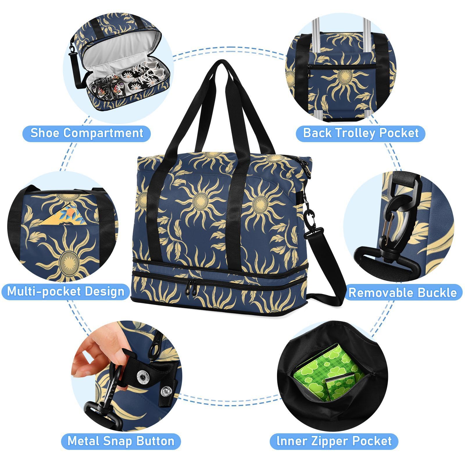 William Morris styl design słońce ciemnoniebieska torba na noc z mokrą kieszenią regulowany pasek siłownia sport torby marynarskie do uprawiania sportu wielofunkcyjne dla mężczyzn kobiet