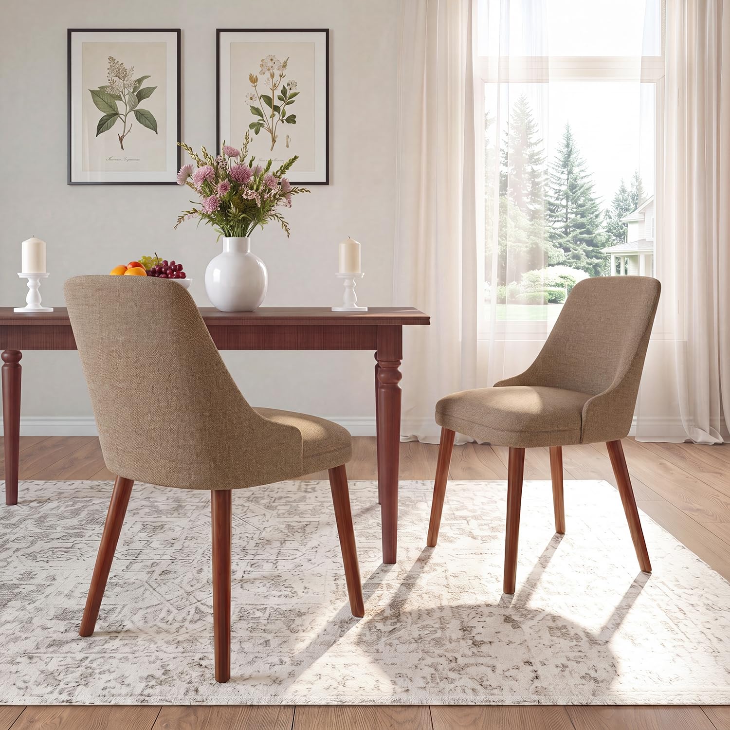 Dining Chairs Set of 2, Upholstered Dining Room Chairs with Ergonomic High Back, Thick Padded Seat, Skin-Friendly Fabric, Solid Wood Frame Kitchen Chairs for Dining Room, Kitchen, Living Room, Camel