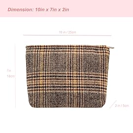 Makeup Bags for Purse Zipper Cosmetic Pouch Large Travel Canvas Make Up Organizer Tool Pouch for Women and Girls,Plaid Brown