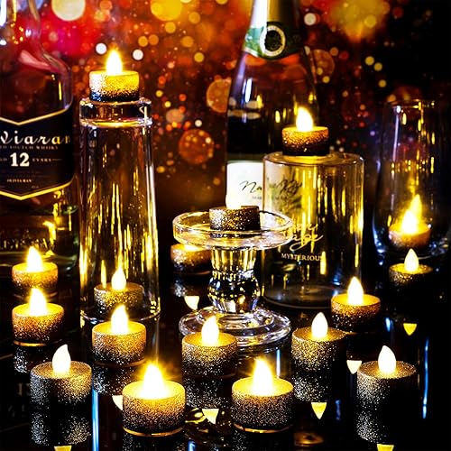 Miniatura 3 de Retisee 48 velas LED sin llama, velas falsas eléctricas con purpurina dorada y negra para centros de mesa, funciona con pilas, decoración romántica