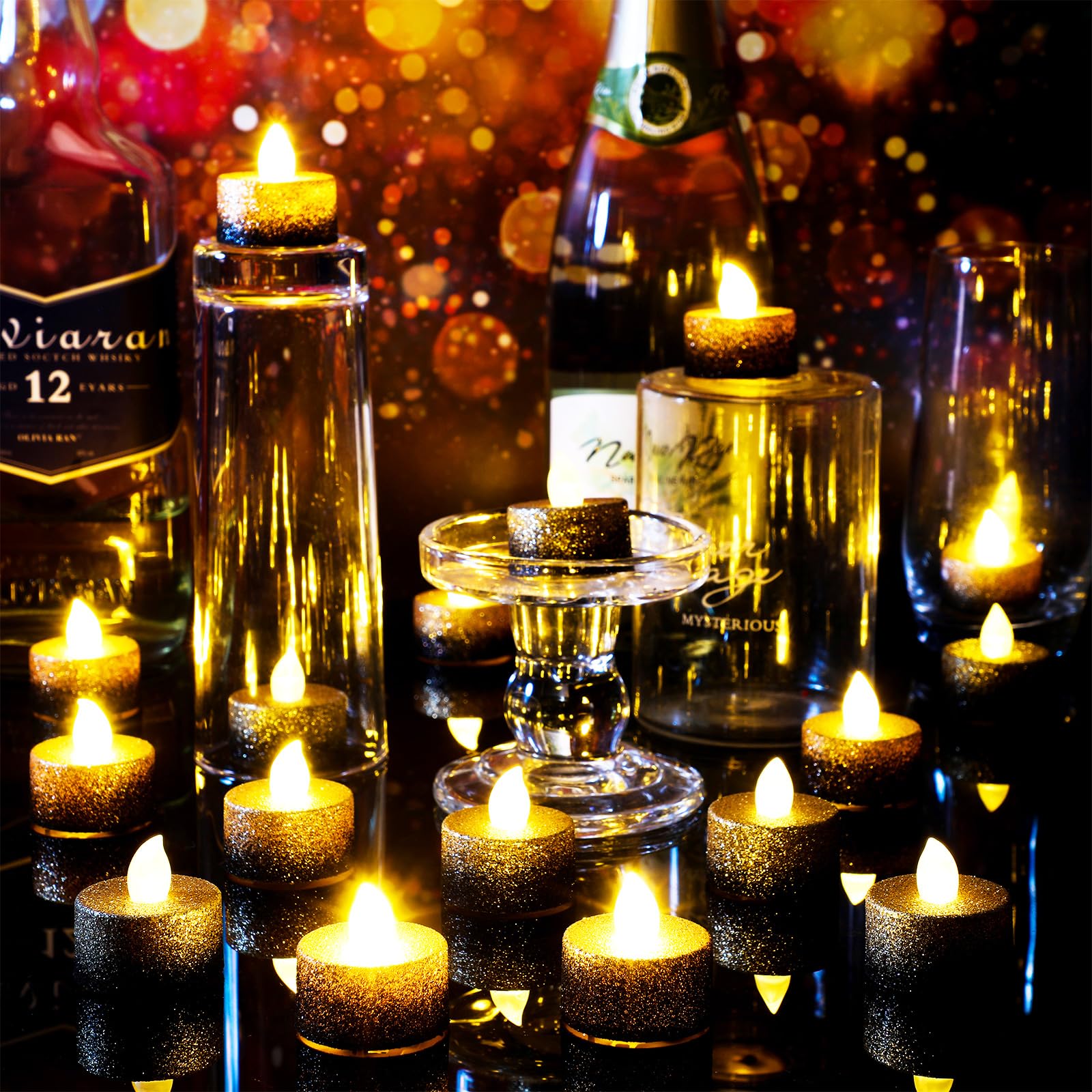 Retisee 48 lumini da tè a LED senza fiamma, con glitter dorati e neri, candele finte, per centrotavola, funzionamento a batteria, decorazioni romantiche per anniversari, decorazioni romantiche per