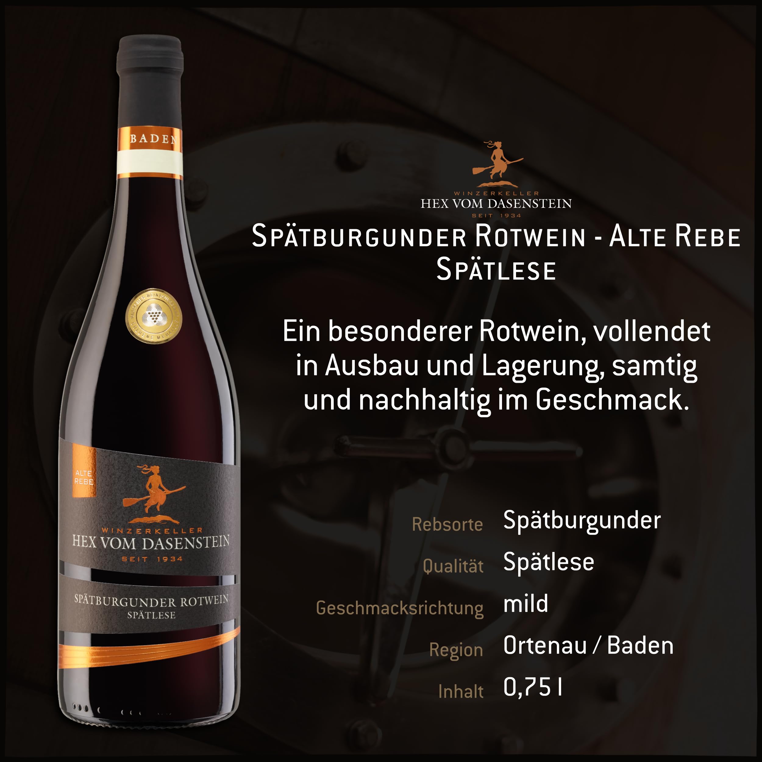Hex vom Dasenstein Spätburgunder Rotwein Spätlese ALTE REBEN - vollendet in Ausbau und Lagerung, samtig und nachhaltig im Geschmack - Badischer Wein, Anbaugebiet Ortenau (3 x 0,75l)